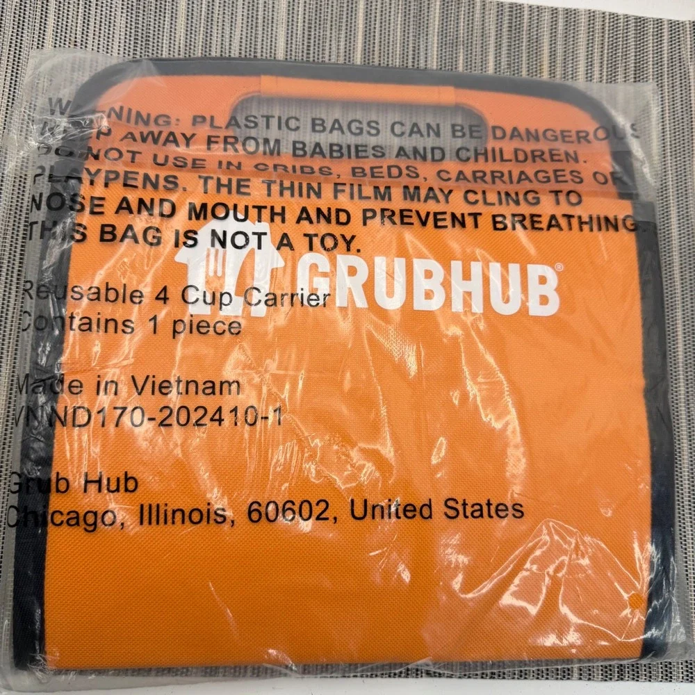 Grubhub Reusable 4 Cup Carrier Orange Black Delivery Driver Beverage Tote Bag